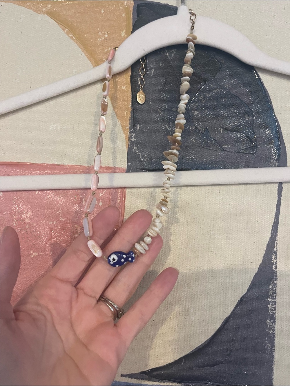 Blue and Cream Shell Bead Necklace with Ceramic Accent